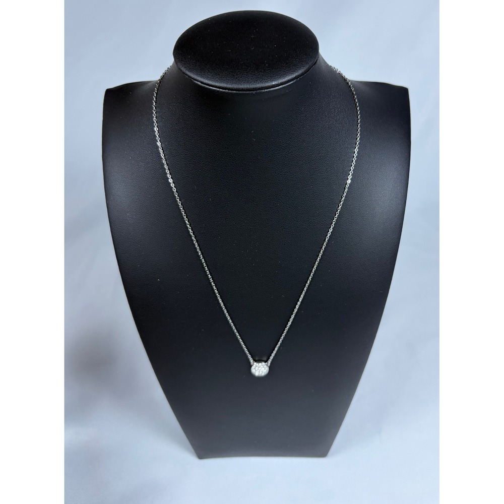 Fossil Silver Tone Pave Crystal Disc Pendant Necklace Minimalist 18 Inch Chain